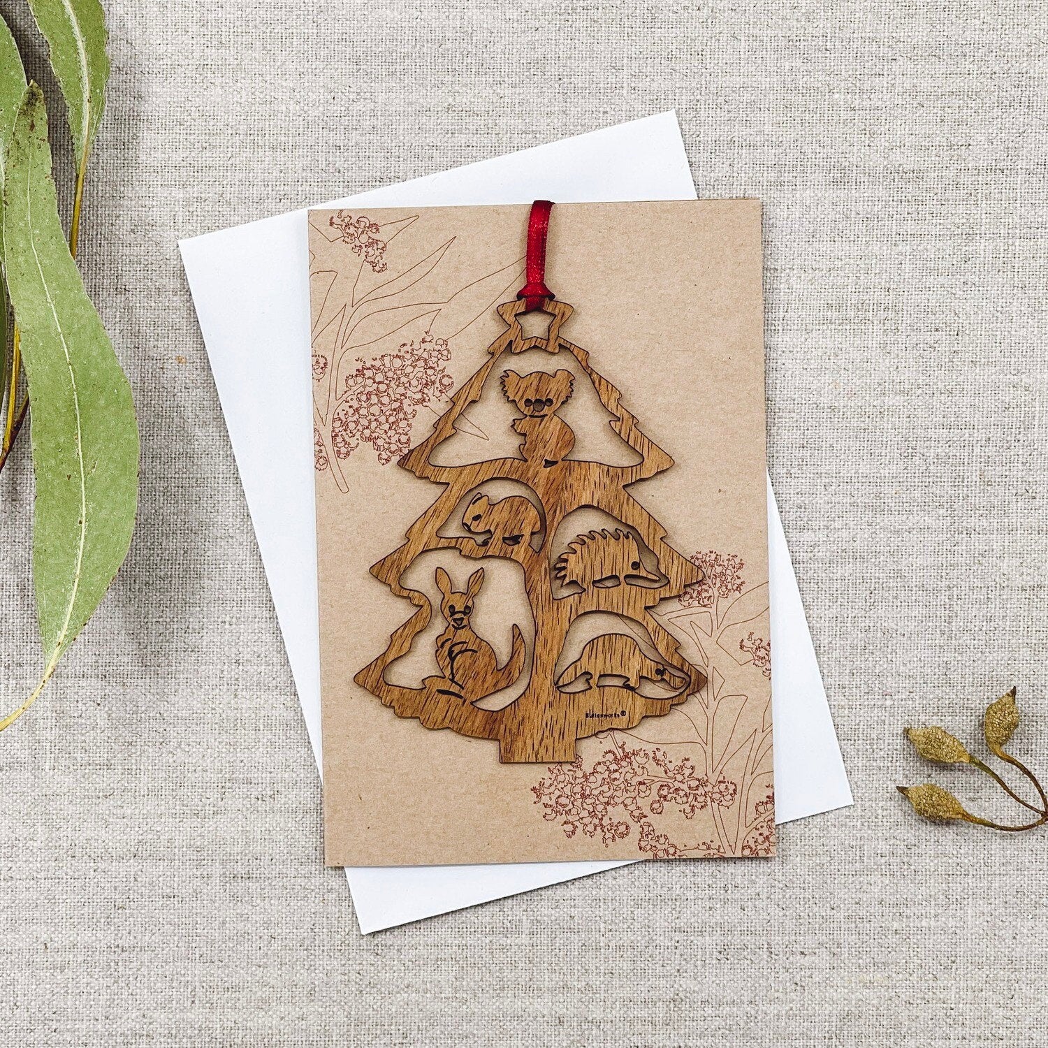 Unique Australian timber decoration gift and card, includes an art card and envelope.