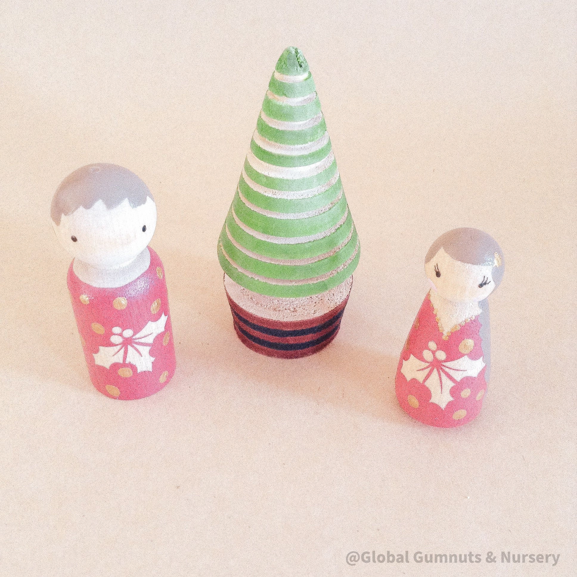 Peg people and tree set, hand-painted and crafted by a local wood turner.