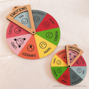 emotion spinner dial: wooden wheel with 8 facial expressions to teach emotions.