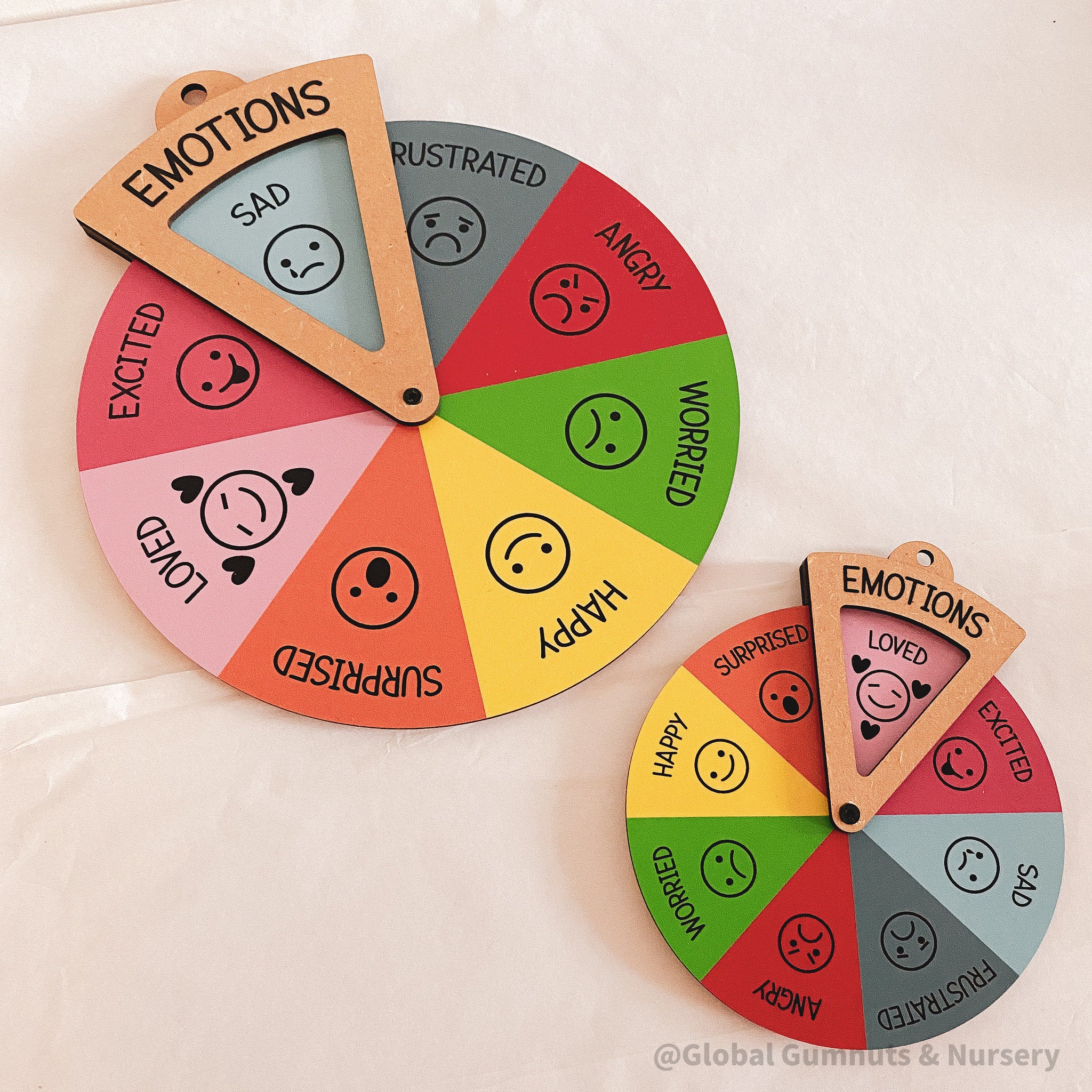 emotion spinner dial: wooden wheel with 8 facial expressions to teach emotions.