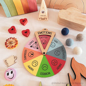 emotion spinner dial: wooden wheel with 8 facial expressions to teach emotions.