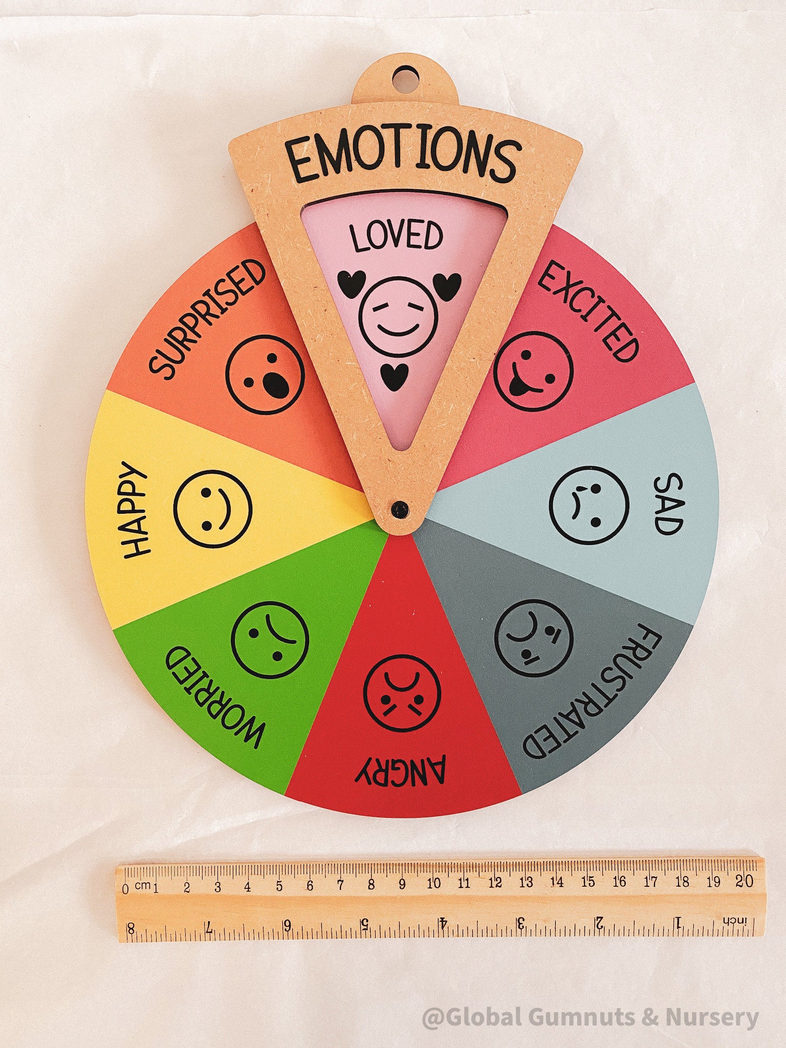 emotion spinner dial: wooden wheel with 8 facial expressions to teach emotions.