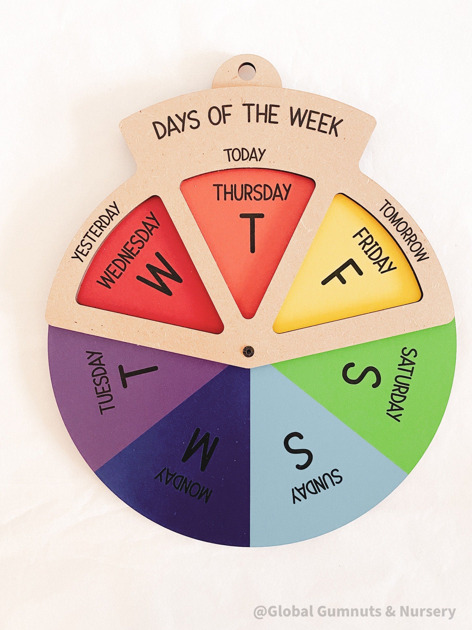 Days of the Week Wheel: Educational MDF round wheel with three-way viewer to display the days of the week; features a spinner for easy use.