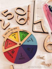Days of the Week Wheel: Educational MDF round wheel with three-way viewer to display the days of the week; features a spinner for easy use.