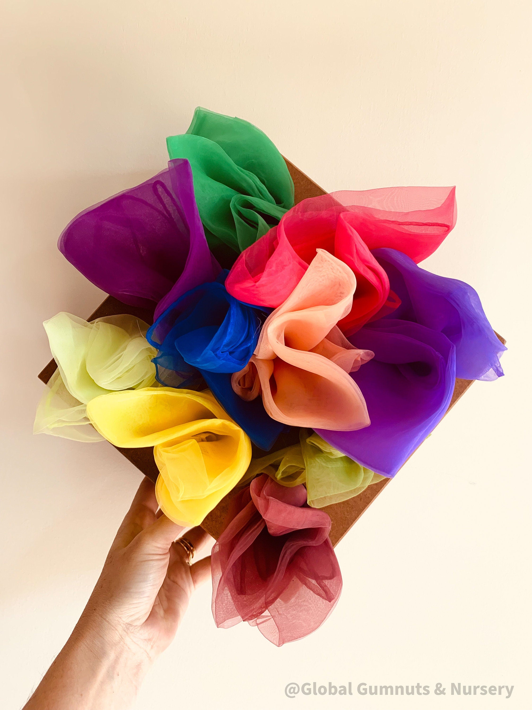 10 colour set sensory scarves: play silks in rainbow and earth colours for sensory activities.
