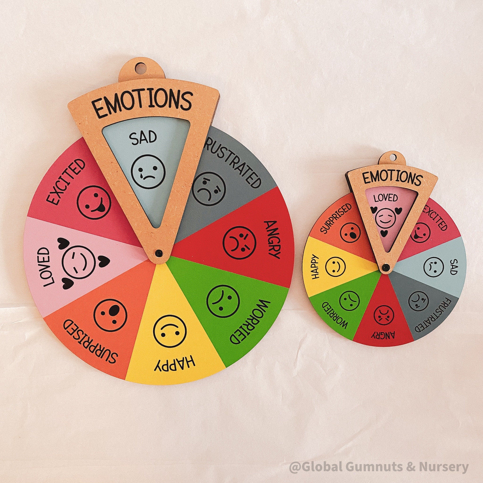 emotion spinner dial: wooden wheel with 8 facial expressions to teach emotions.
