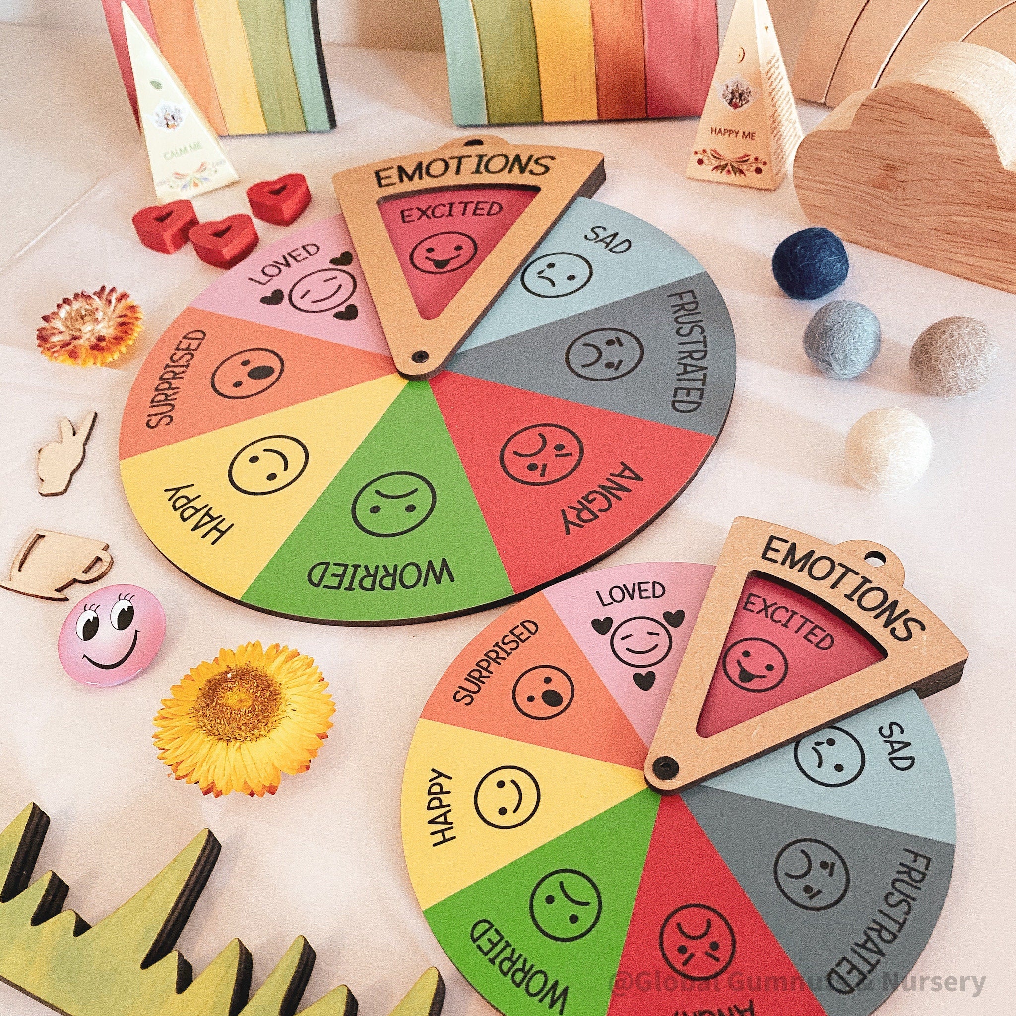 emotion spinner dial: wooden wheel with 8 facial expressions to teach emotions.