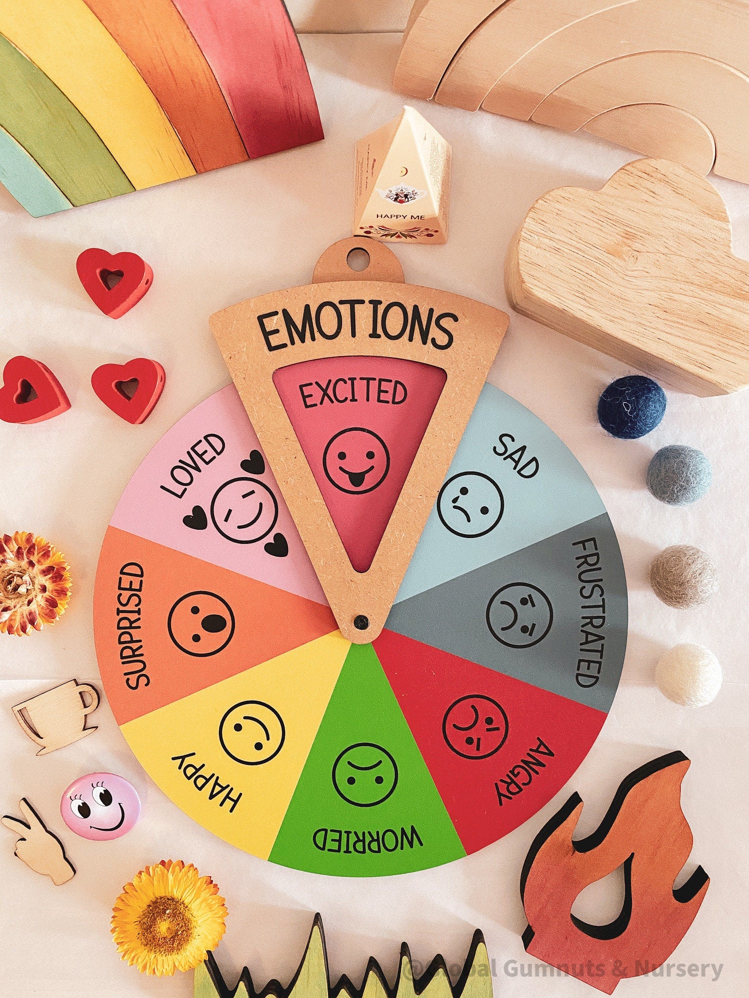 emotion spinner dial: wooden wheel with 8 facial expressions to teach emotions.