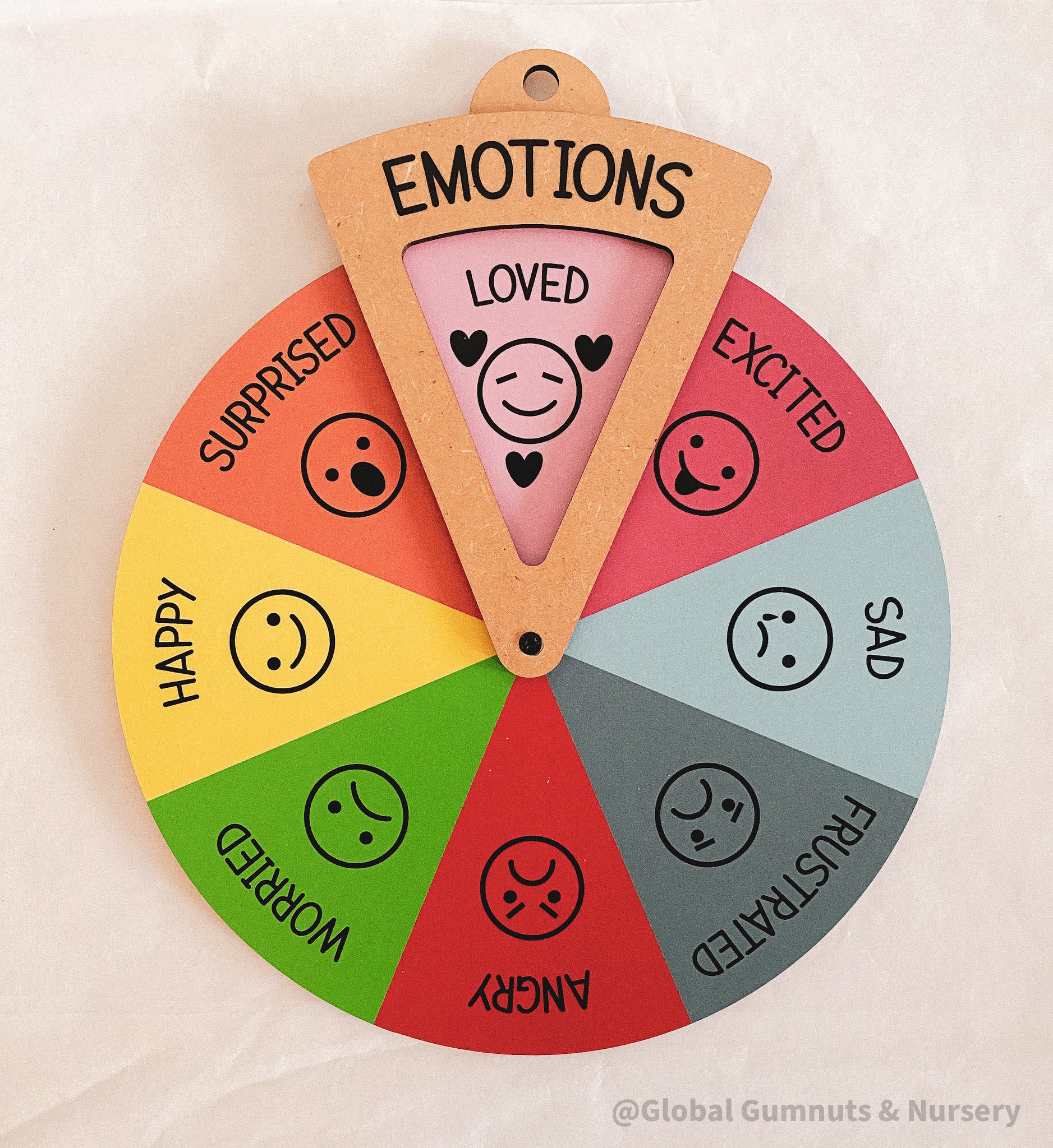 emotion spinner dial: wooden wheel with 8 facial expressions to teach emotions.