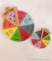 emotion spinner dial: wooden wheel with 8 facial expressions to teach emotions.