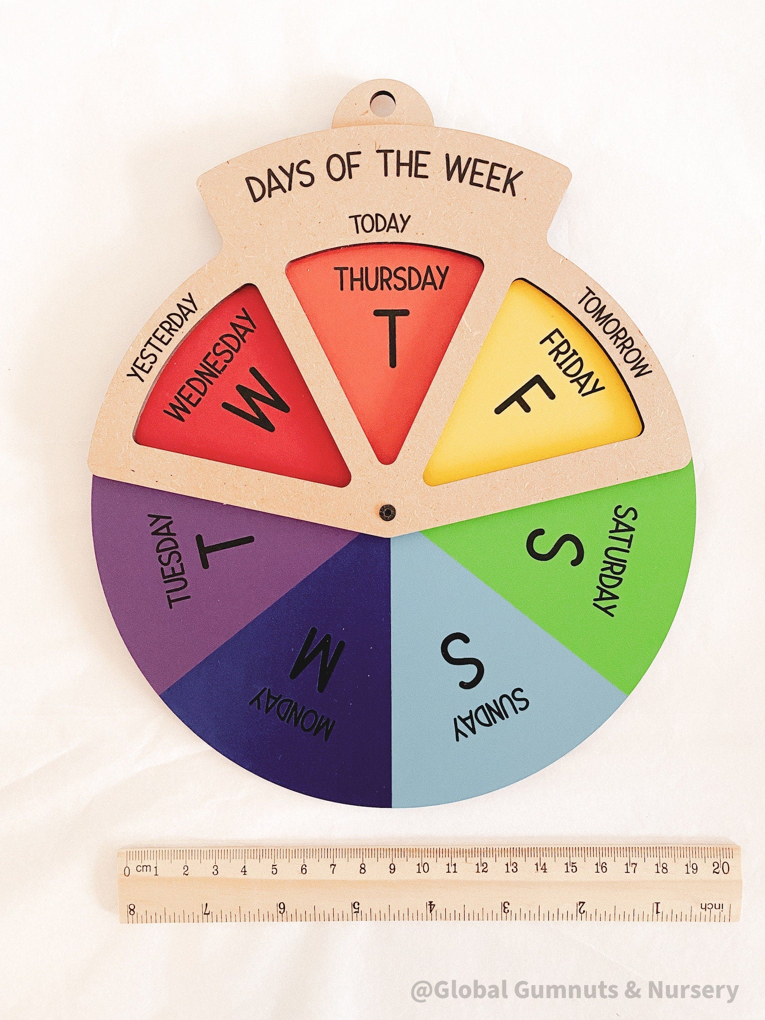 Days of the Week Wheel: Educational MDF round wheel with three-way viewer to display the days of the week; features a spinner for easy use.