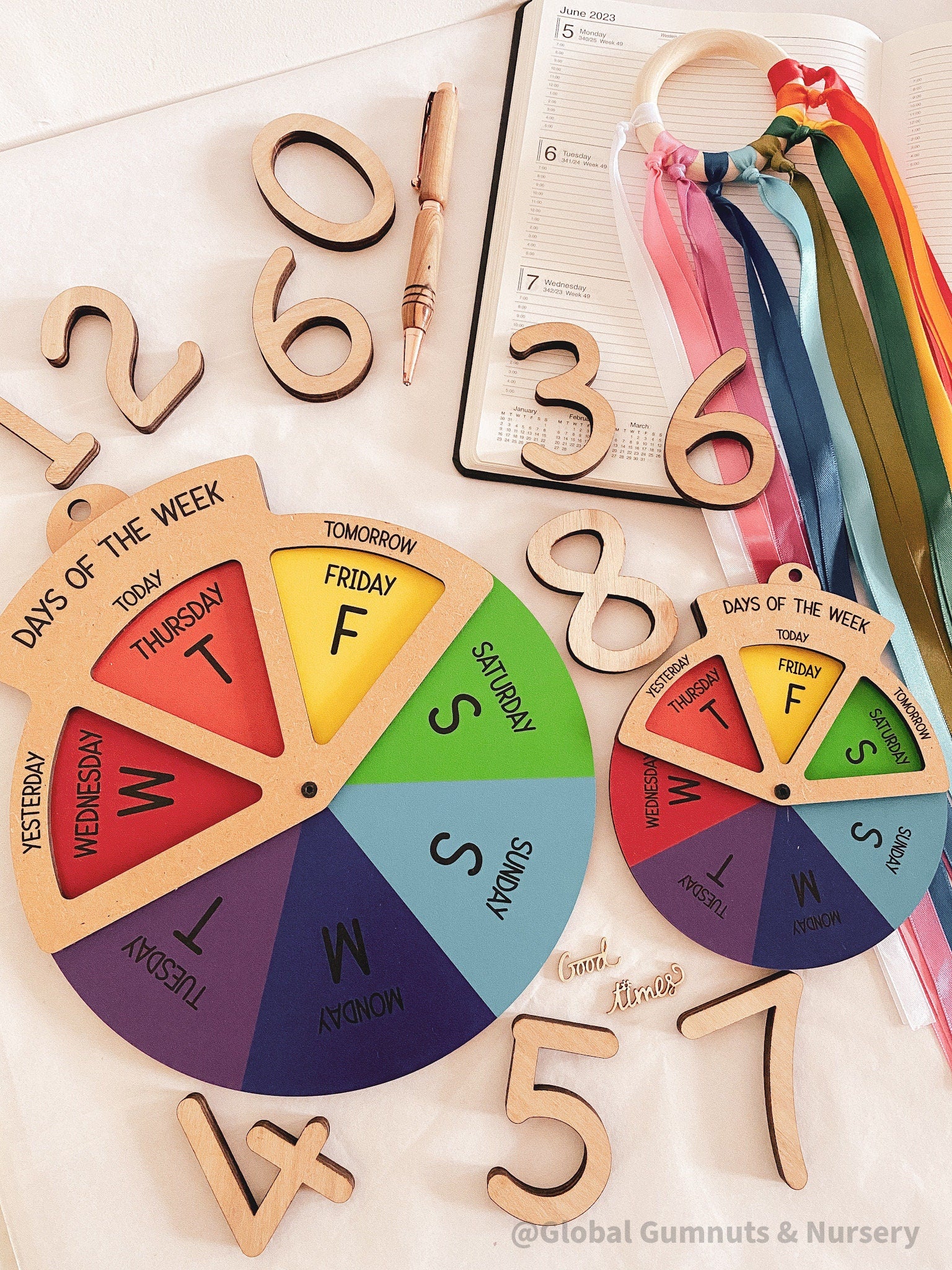 Days of the Week Wheel: Educational MDF round wheel with three-way viewer to display the days of the week; features a spinner for easy use.