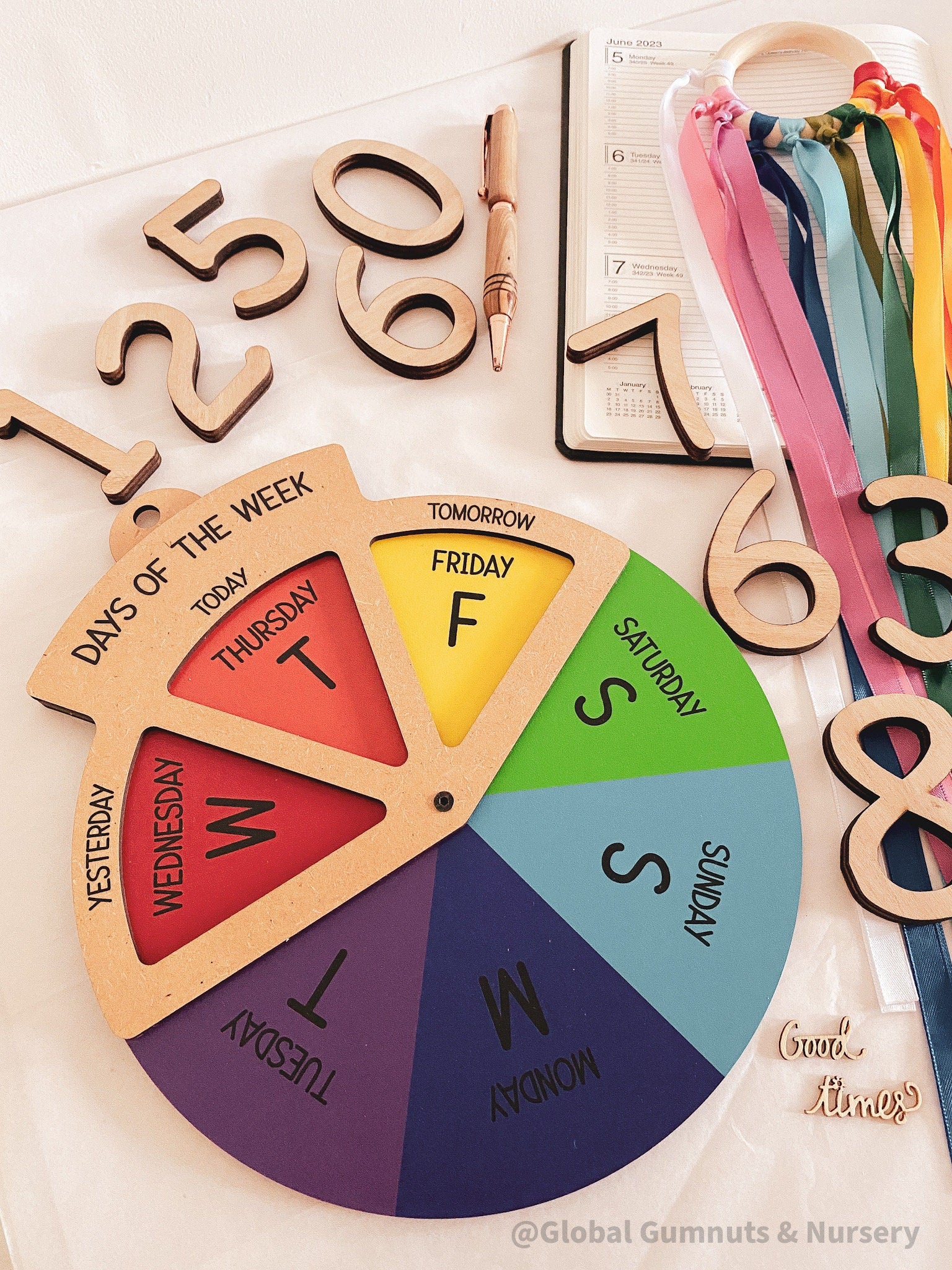 days of the week wheel: educational mdf round wheel with three-way viewer to display the days of the week; features a spinner for easy use.