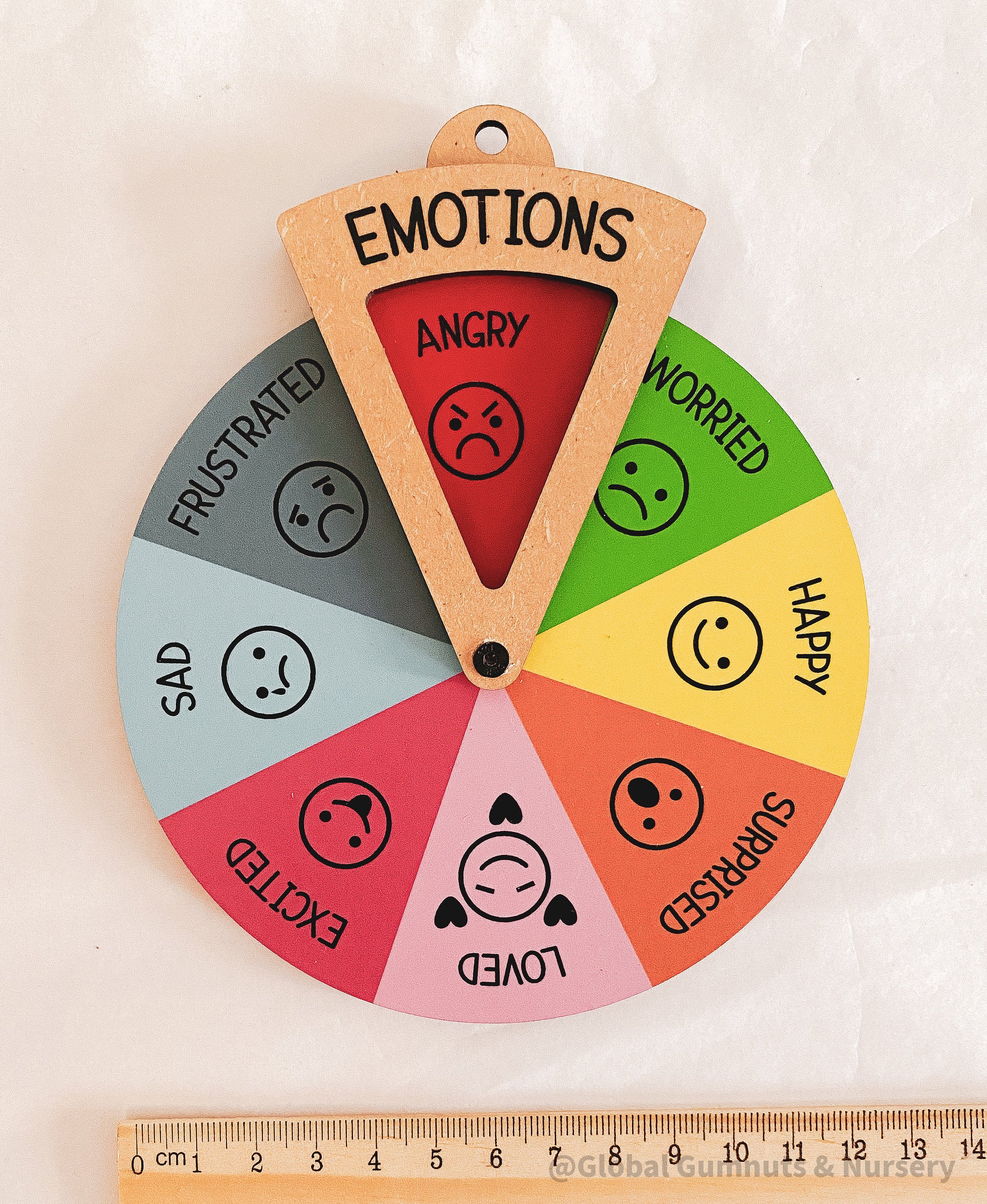 emotion spinner dial: wooden wheel with 8 facial expressions to teach emotions.