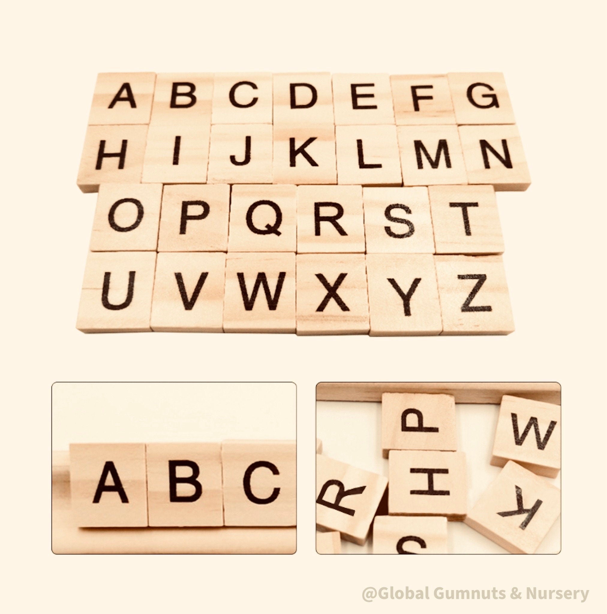 26-piece wooden uppercase letter tiles, ideal for teaching letter recognition, Scrabble, and creative craft projects.