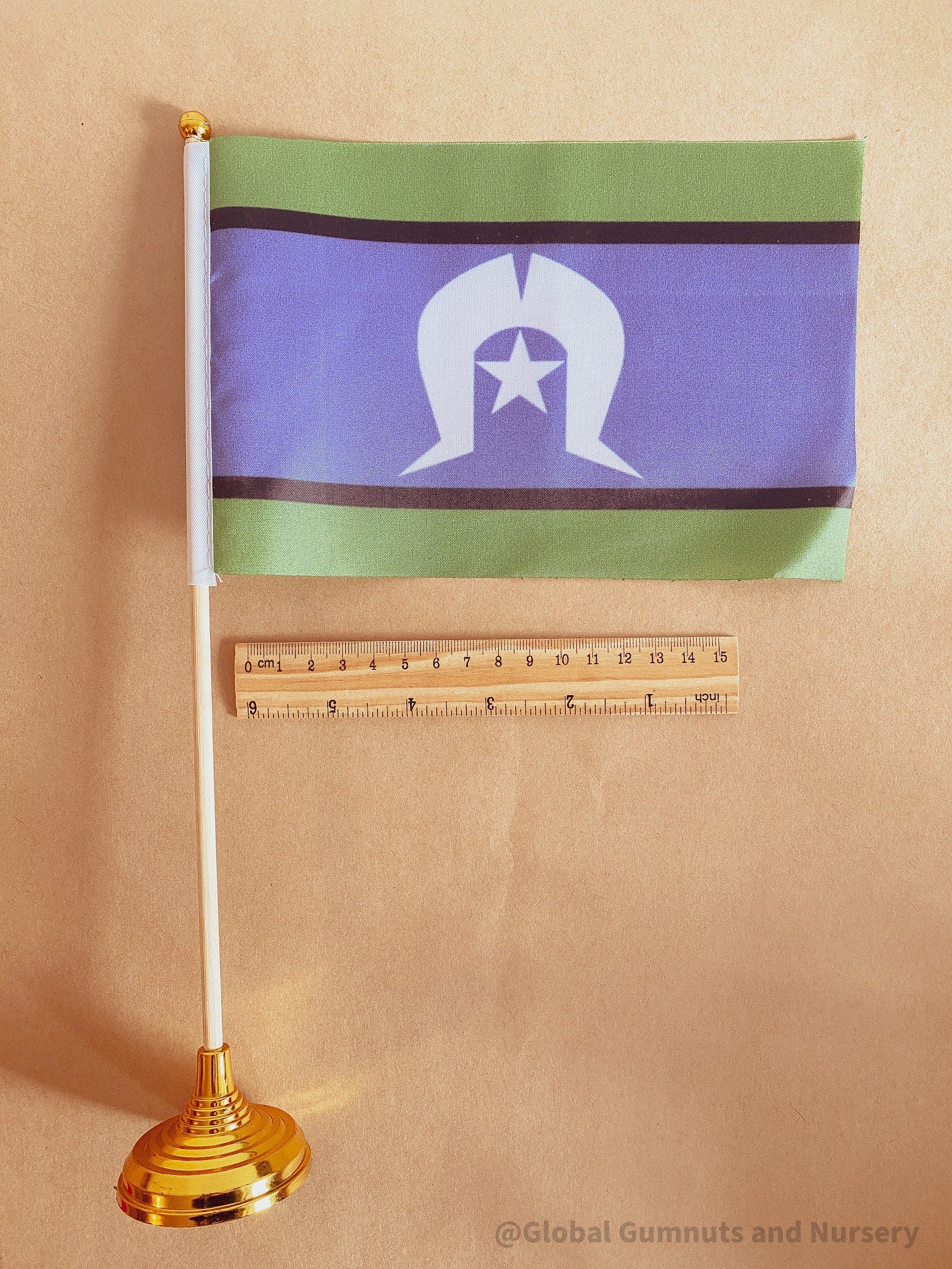 Torres Strait Islander Flag Ornament: Wooden flag on a pole for NAIDOC Week displays.