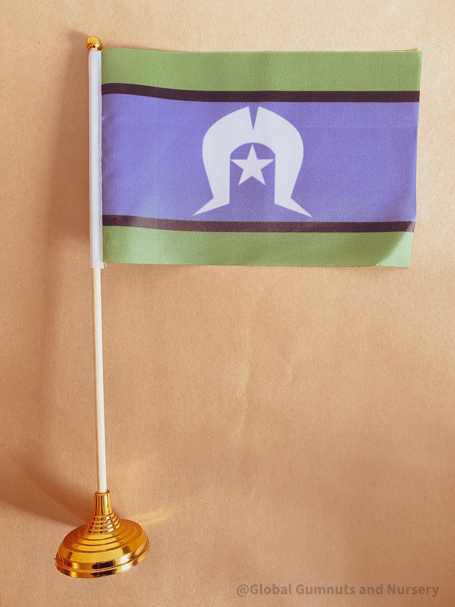Torres Strait Islander Flag Ornament: Wooden flag on a pole for NAIDOC Week displays.