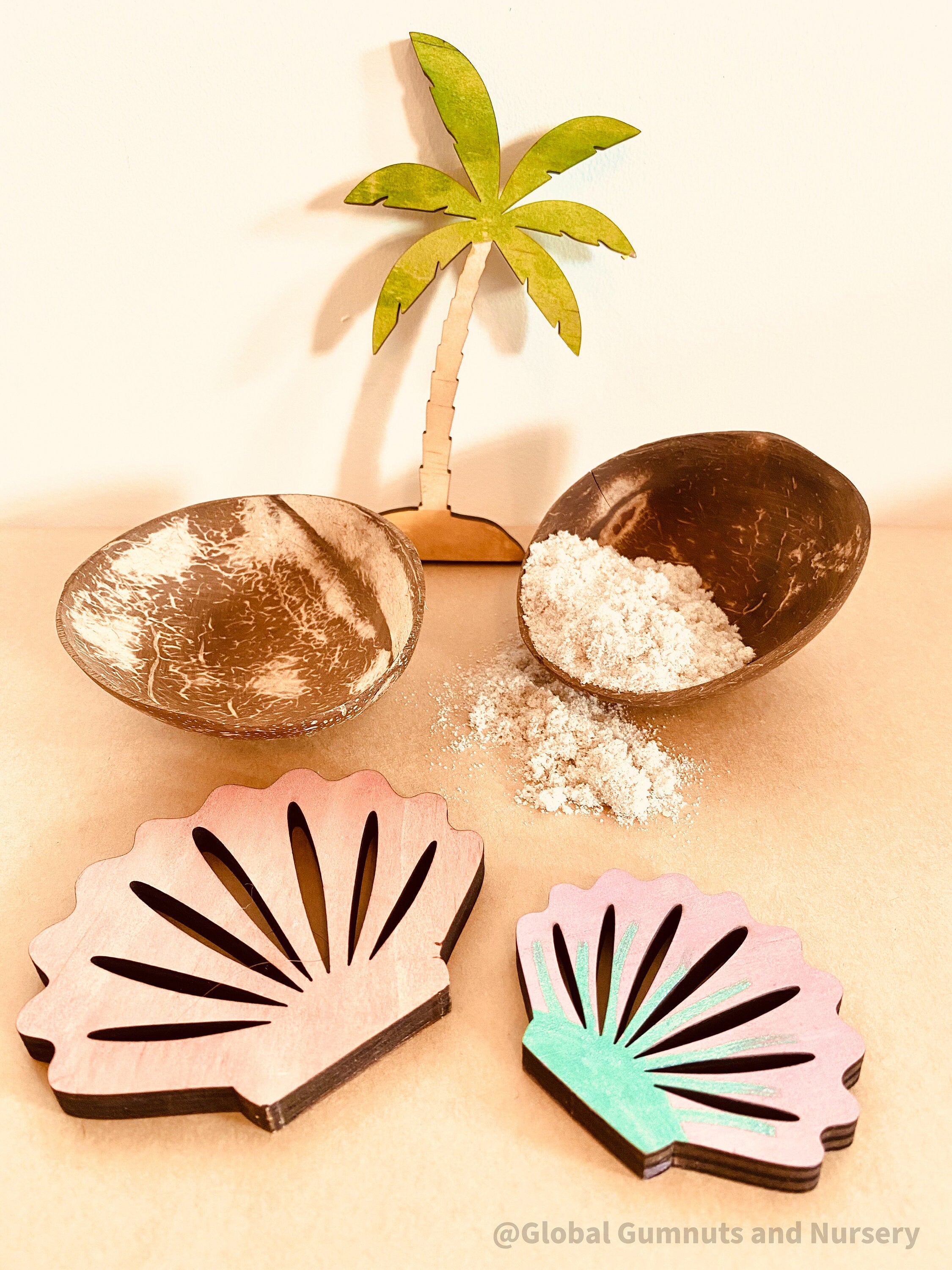 Sensory Coconut Bowl Set – Eco-Friendly Decor: Coconut bowl set with twine handles, ideal for sensory play or rustic home decor.