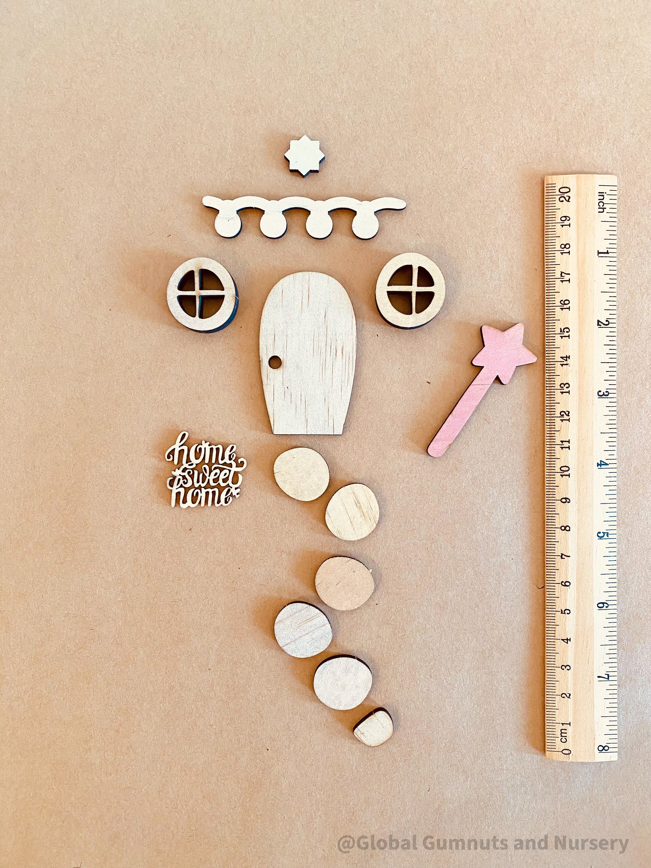 Fairy Garden Wooden Embellishment Set – 11 Pieces: Explore creativity with these 11 wooden embellishment pieces, perfect for decorating and crafting fairy gardens.