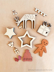 Christmas Wooden Embellishments: 13 festive wooden designs for holiday projects and decorations.