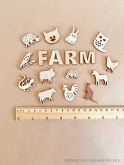 Farm Animal Embellishments Set: 17 rustic animal-themed pieces for crafts and decor.