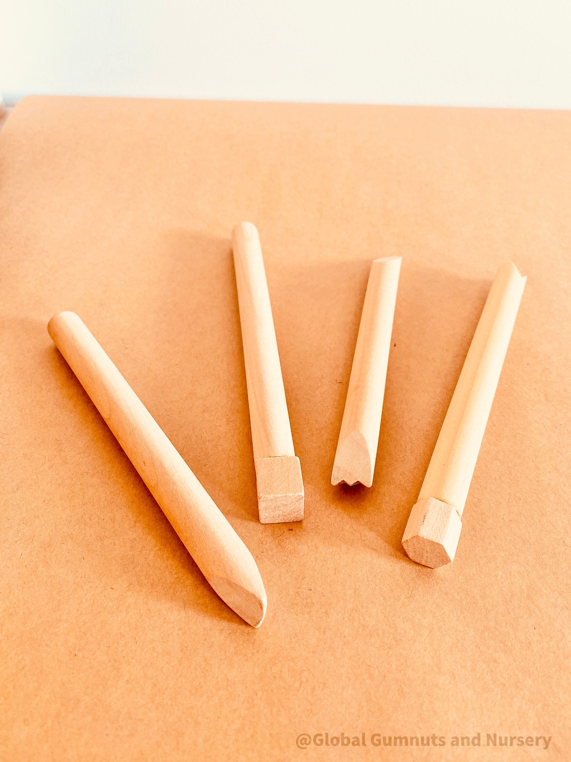Wood Pattern Makers Set: Set of wooden tools for creating patterns and textures in clay or playdough, perfect for creative play.
