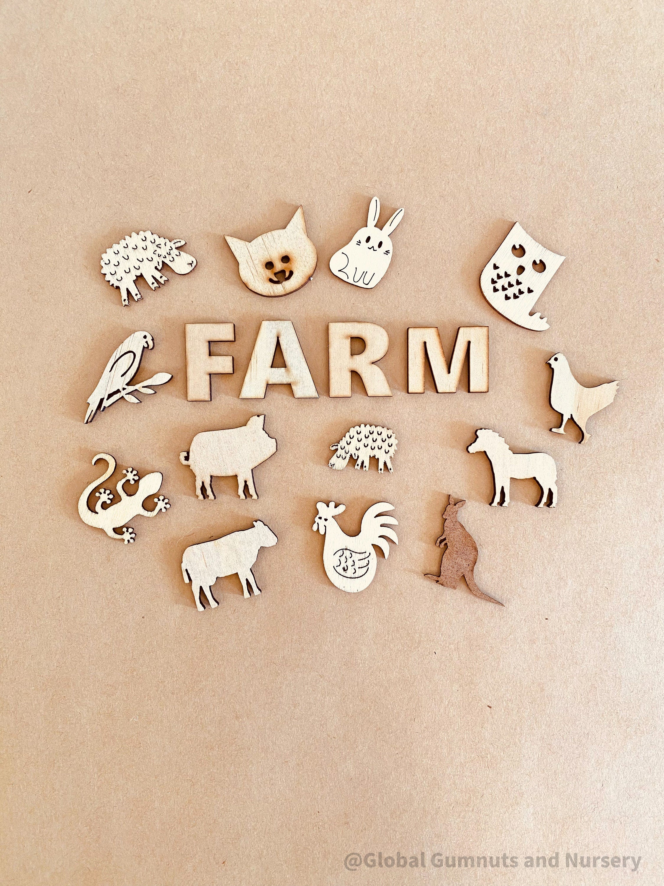 Farm Animal Embellishments Set: 17 rustic animal-themed pieces for crafts and decor.
