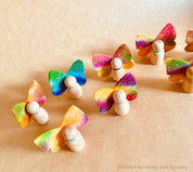 Wool felt butterflies, perfect for play, autumn crafts, or as pocket fairy friends with a wooden body.
