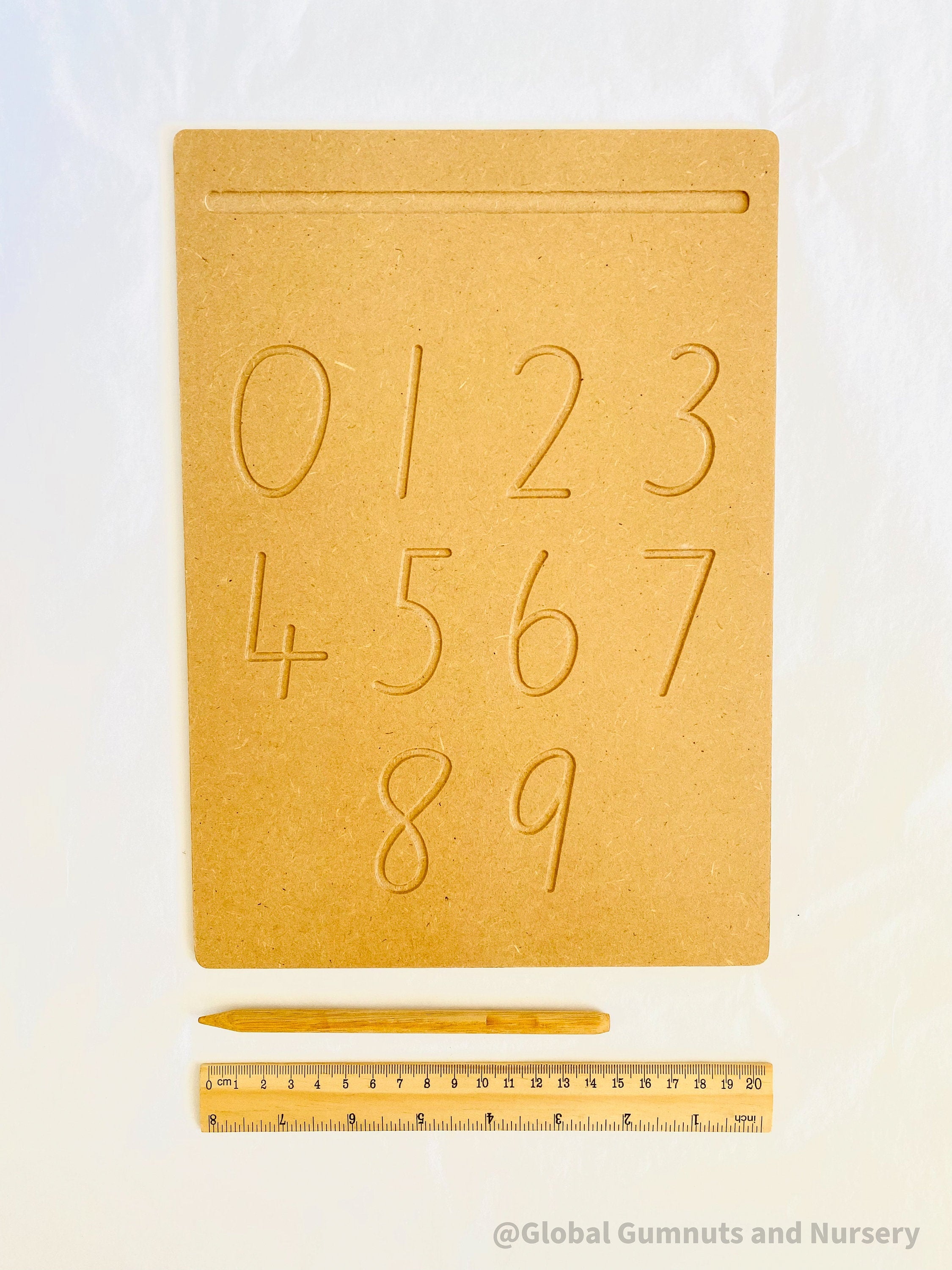 NUMBERS 0-9 Tracing Board: Montessori-style wooden tracing board with a stylus, helping children learn to trace and recognize numbers.