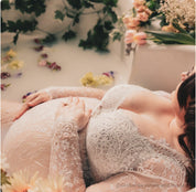 White stunning maternity lace dress, perfect for photoshoot style.