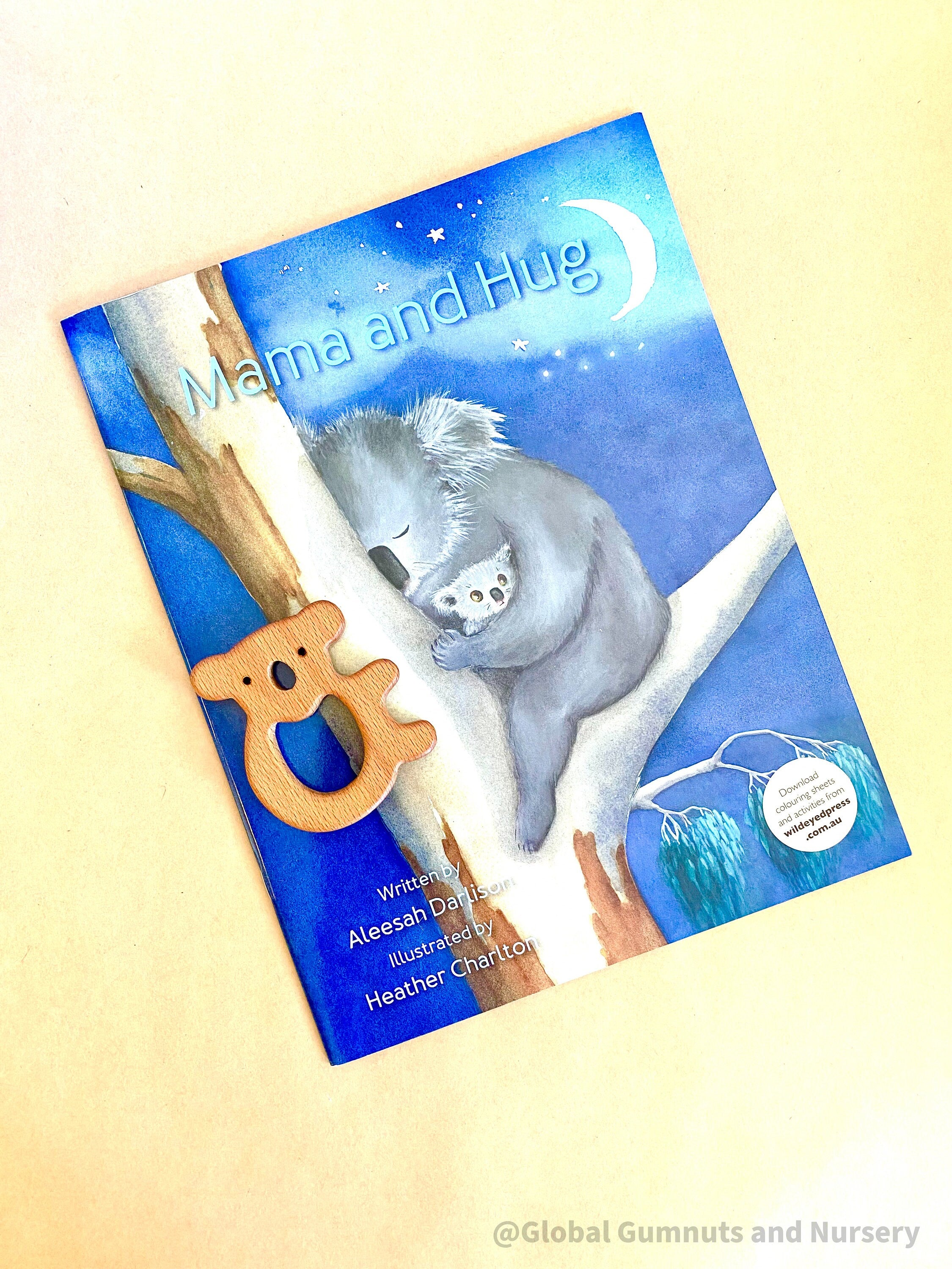 Mama and Hug Book & Wooden Koala Piece: Book with a wooden koala, exploring Australian wildlife connections.