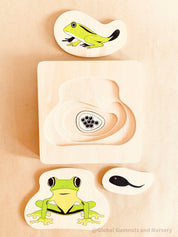 Montessori frog life cycle puzzle, an educational toy for exploring nature and life sciences.