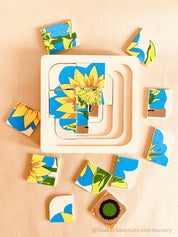 Sunflower life cycle puzzle, Montessori-style educational tool.