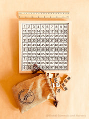 Wooden number board featuring numbers 1-100, perfect for teaching counting, times tables, and number recognition. A fun Montessori-style educational tool for kids.
