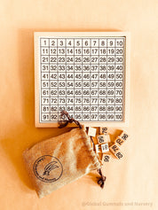 Wooden number board featuring numbers 1-100, perfect for teaching counting, times tables, and number recognition. A fun Montessori-style educational tool for kids.