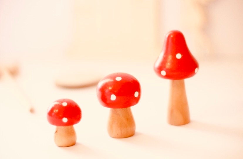 Fairy garden wooden mushrooms, handcrafted for magical small-world setups or Christmas elf displays.
