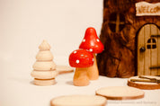 Fairy garden wooden mushrooms, handcrafted for magical small-world setups or Christmas elf displays.