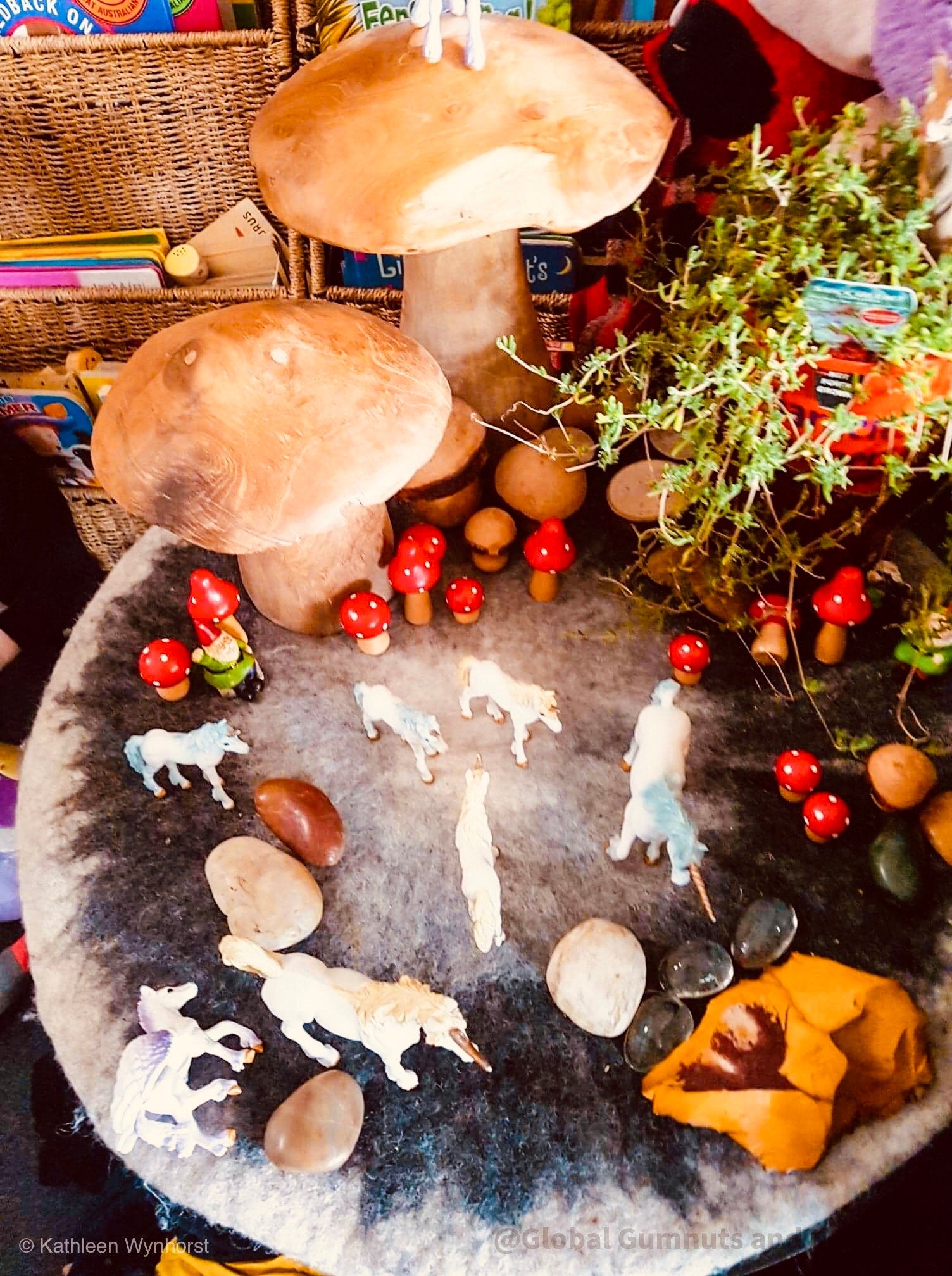 Fairy garden wooden mushrooms, handcrafted for magical small-world setups or Christmas elf displays.