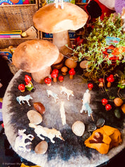 Fairy garden wooden mushrooms, handcrafted for magical small-world setups or Christmas elf displays.