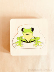 Montessori frog life cycle puzzle, an educational toy for exploring nature and life sciences.