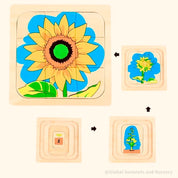 Sunflower life cycle puzzle, Montessori-style educational tool.
