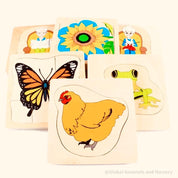 Sunflower life cycle puzzle, Montessori-style educational tool.