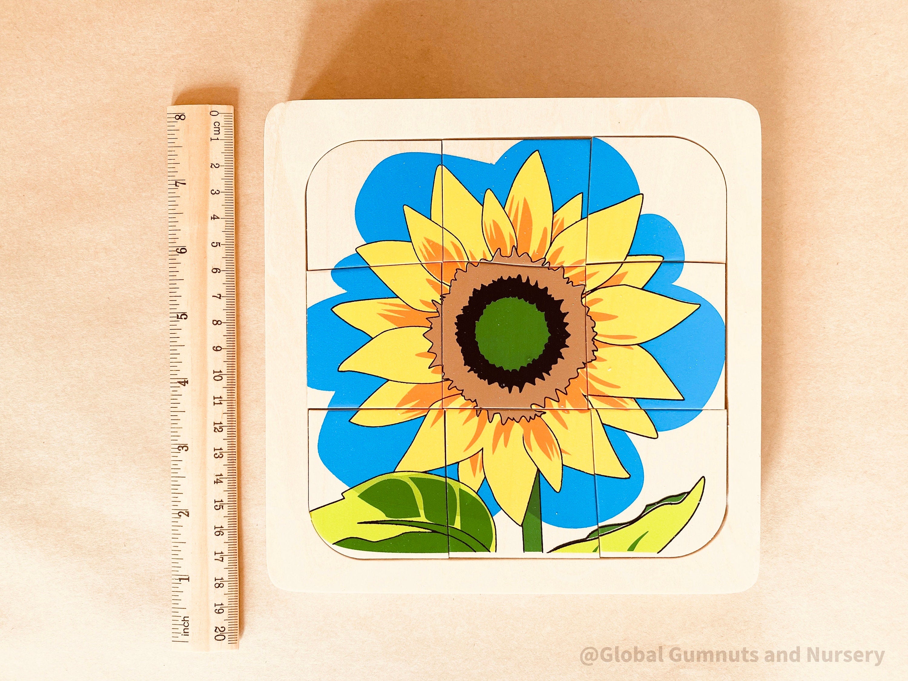 Sunflower life cycle puzzle, Montessori-style educational tool.