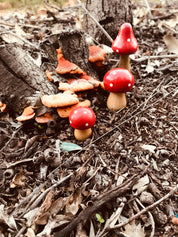 Fairy garden wooden mushrooms, handcrafted for magical small-world setups or Christmas elf displays.