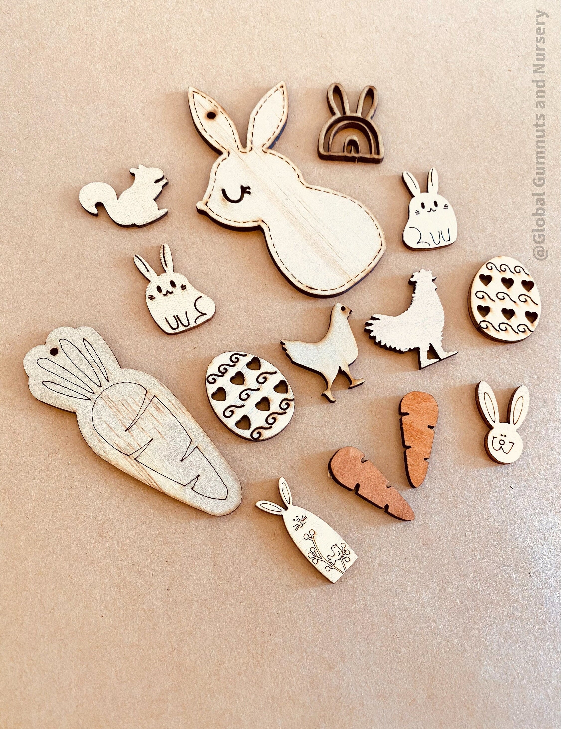 Easter Wooden Embellishments Set: 14 festive wooden pieces for Easter crafts.