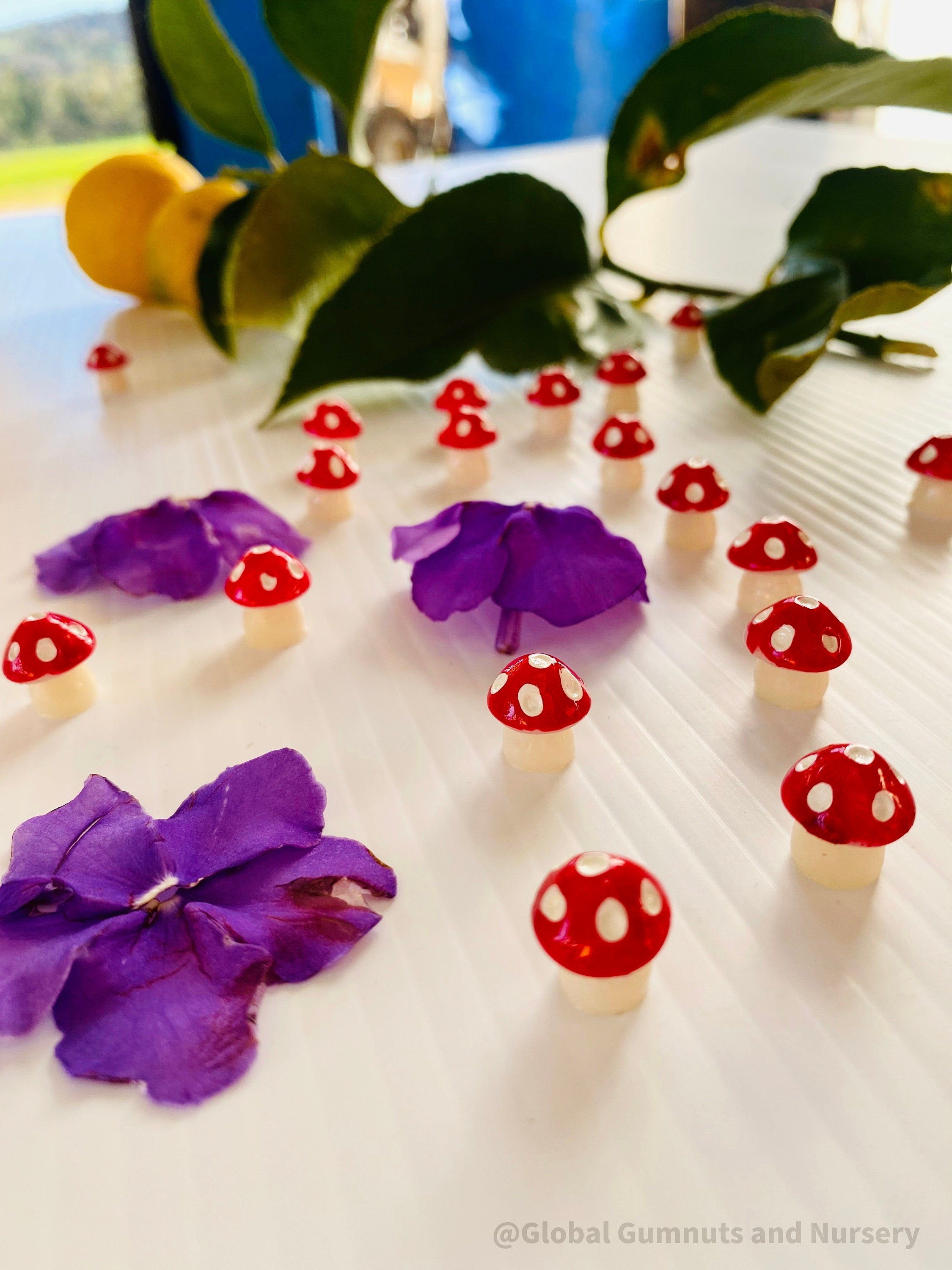 Red Resin Mushrooms: Miniature red resin mushrooms for fairy gardens and crafts.