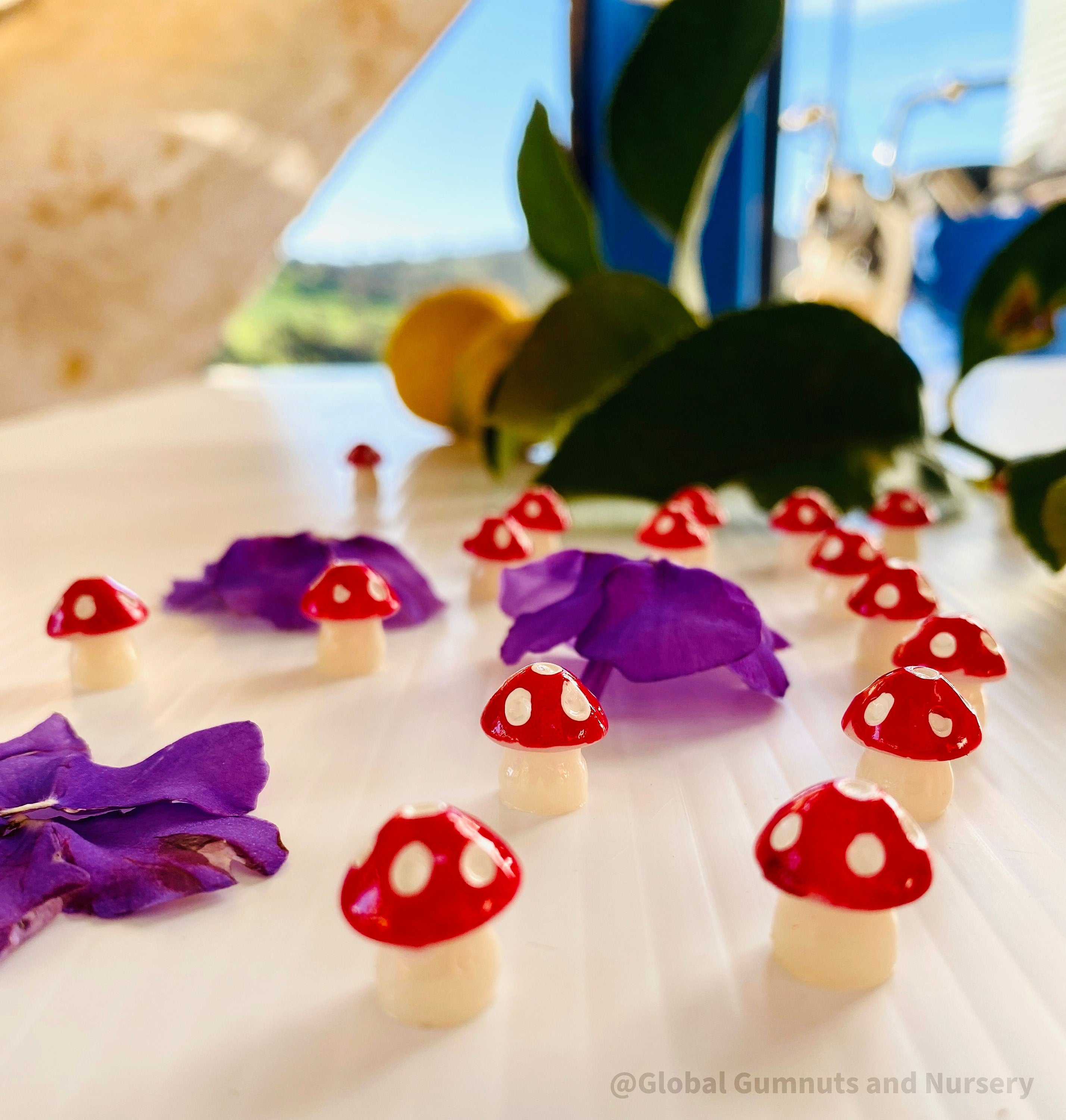 Red Resin Mushrooms: Miniature red resin mushrooms for fairy gardens and crafts.