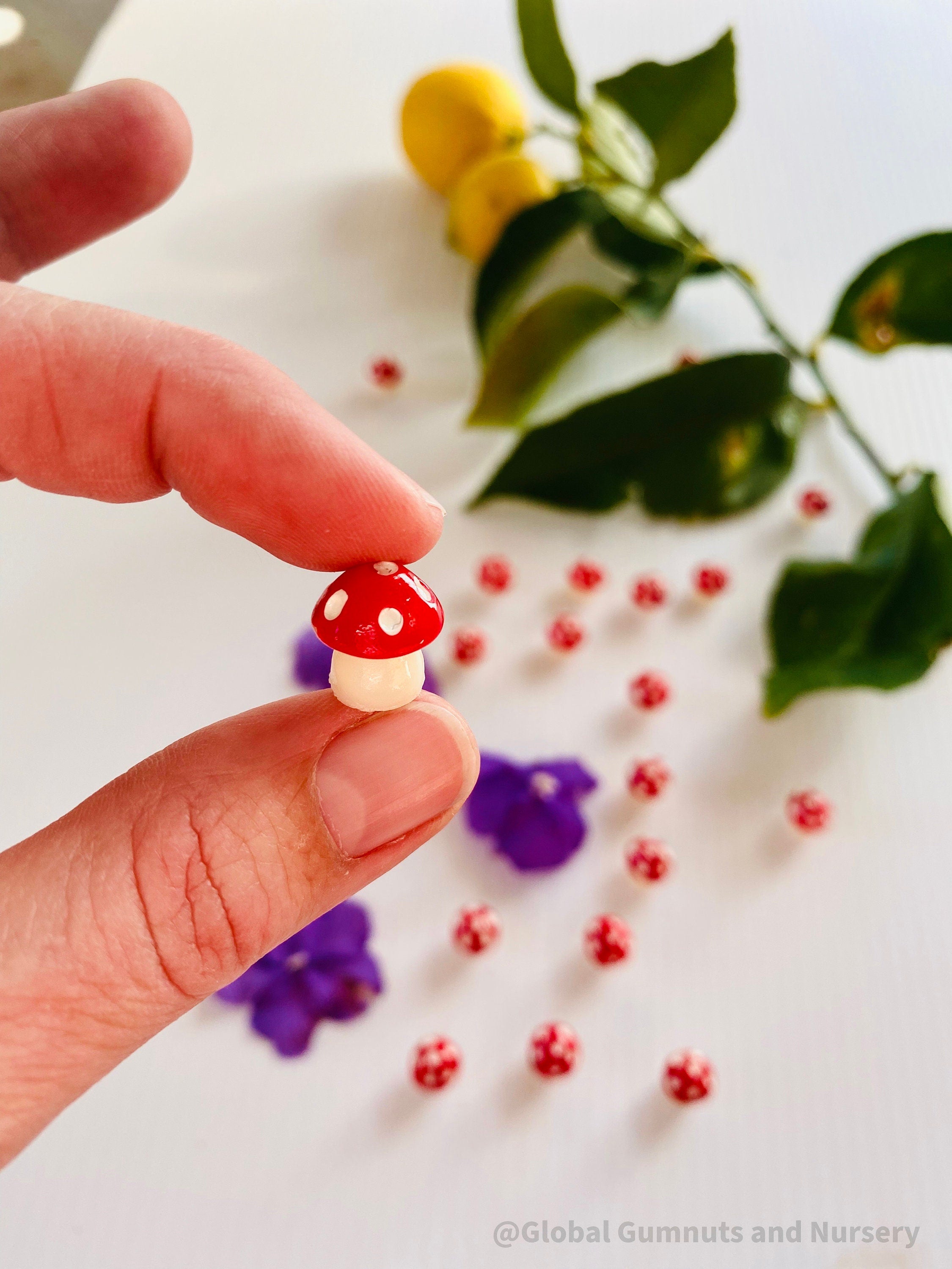 Red Resin Mushrooms: Miniature red resin mushrooms for fairy gardens and crafts.