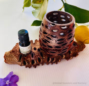 Essential Oil Banksia Stand: Elegant banksia wood stand designed to hold essential oils, adding a natural touch to any room or display.
