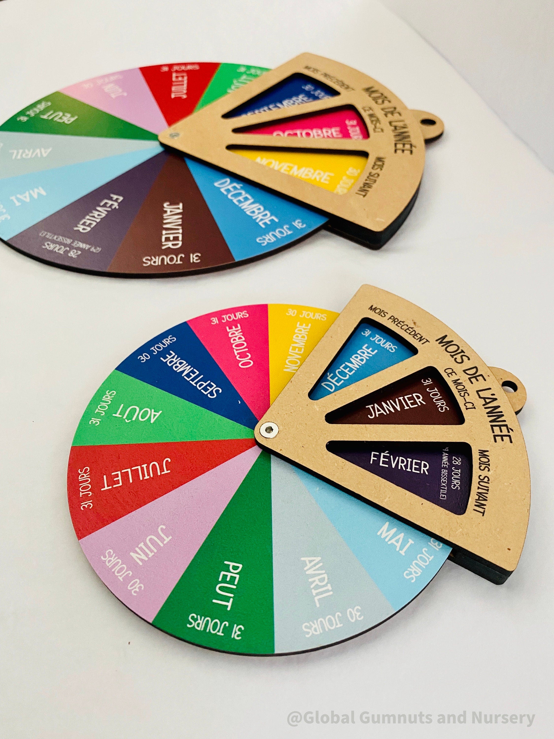 Months of the Year Wheel (French): Spinner dial for learning months in French.